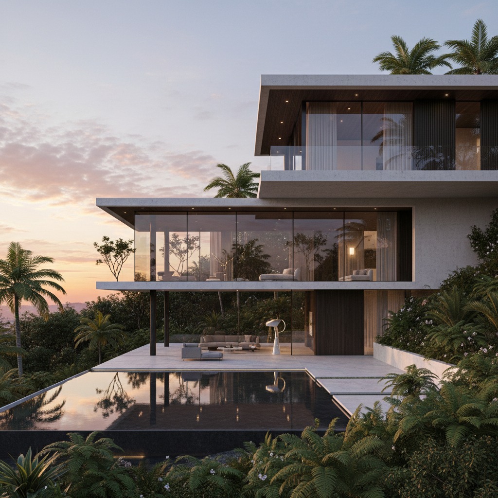 Eine moderne Luxusvilla mit großen Glasfronten und einem Infinity-Pool inmitten einer tropischen Landschaft bei Sonnenuntergang.