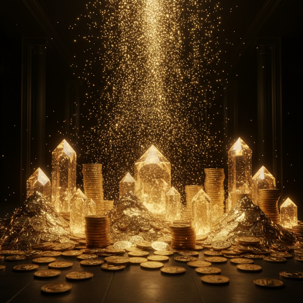 Goldene Münzstapel und leuchtende Quarzkristalle sind vor einem dunklen Hintergrund mit herabfallendem goldenem Glitzerstaub angeordnet.