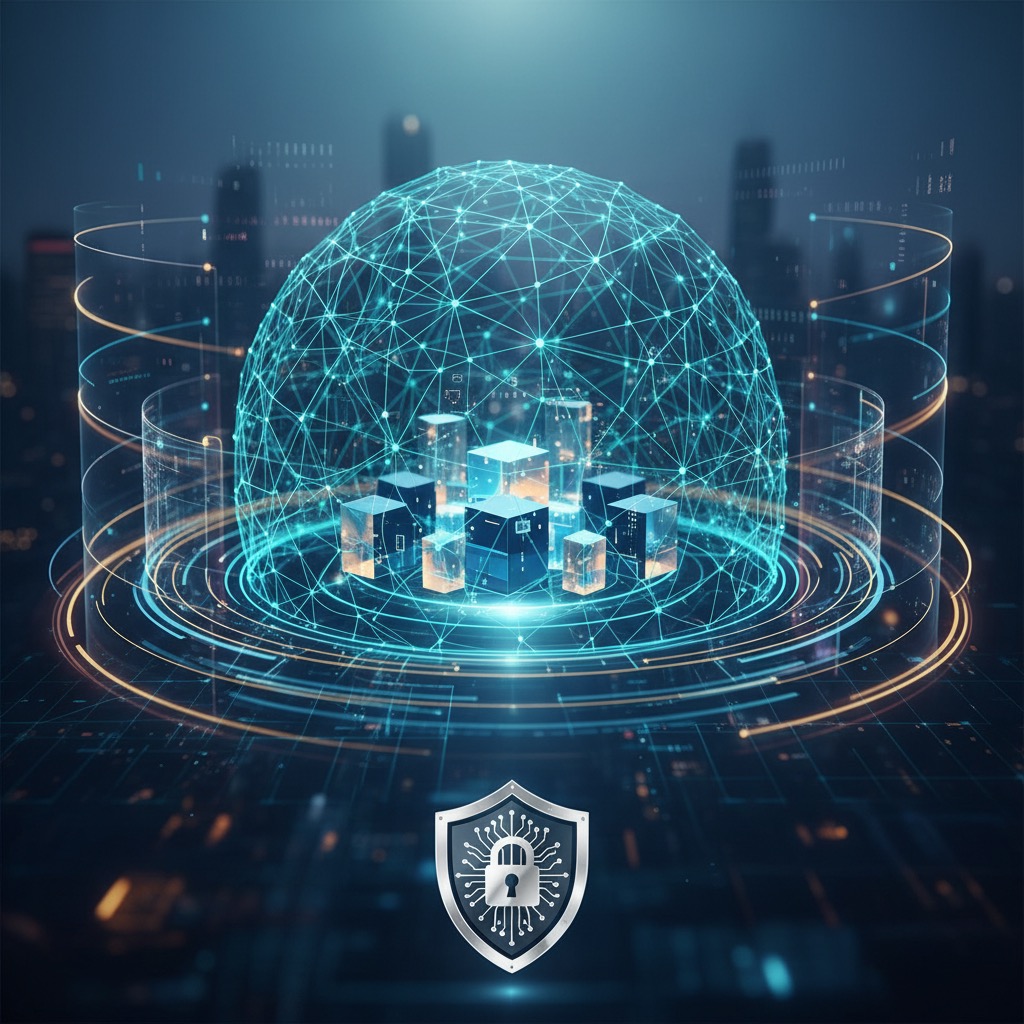 Eine digitale Schutzkuppel aus leuchtenden Netzstrukturen schützt eine Gruppe von Datenblöcken über einem technologischen Hintergrund mit einem Sicherheitsschild-Symbol im Vordergrund.