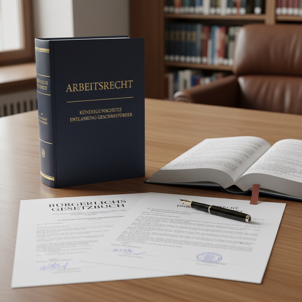 Ein Fachbuch zum Arbeitsrecht steht neben einem aufgeschlagenen Buch und Dokumenten mit einem Füllfederhalter auf einem Schreibtisch.